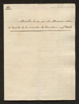 Medalla d'or per la Memòria sobre l'enderrocament de les muralles de Barcelona (sig: 239/3)